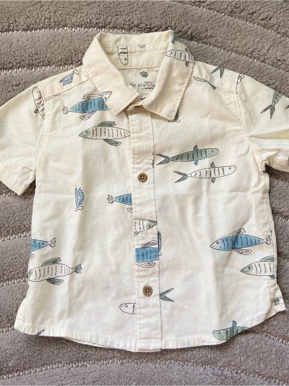 Carter's Cream Button-Front Shirt with Blue & Green Fish Print